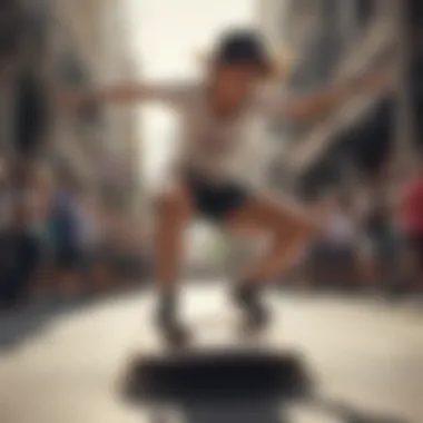 A dynamic shot of a female skater performing a trick while wearing champion slides.