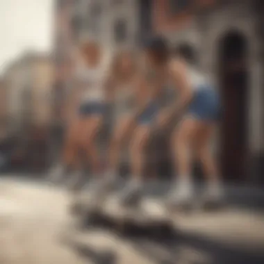 A group of female skaters showcasing their champion slides in an urban setting.