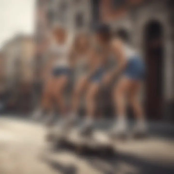 A group of female skaters showcasing their champion slides in an urban setting.