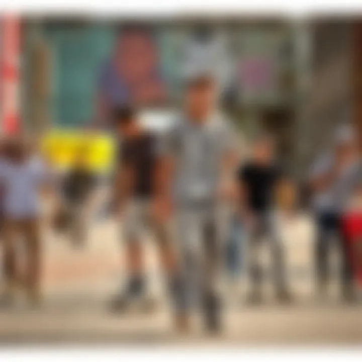 A group of skaters in a vibrant urban setting, all sporting light grey cargos, representing community and identity.