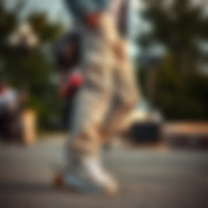 A stylish outfit featuring light grey cargos combined with skate shoes and accessories, highlighting versatility.