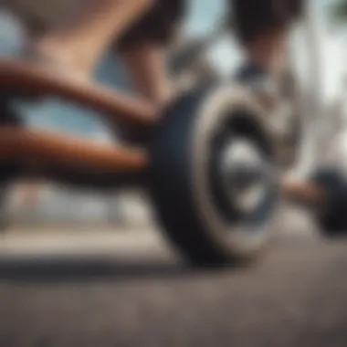 Close-up view of a longboard showcasing large wheels