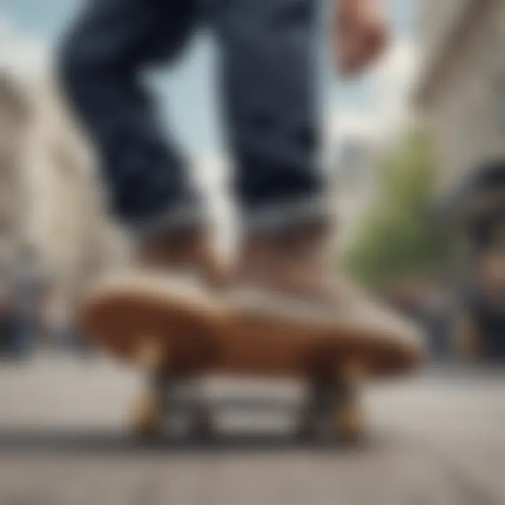 Skateboarder performing a trick while wearing Louis Vuitton skate shoes