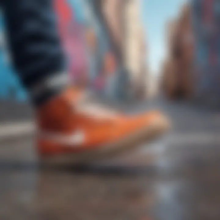 Close-up of trendy footwear against graffiti backdrop