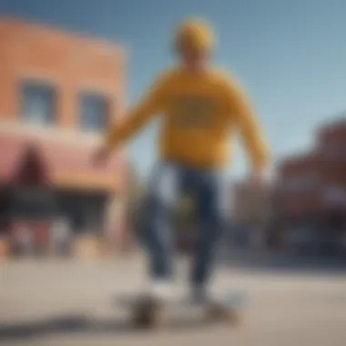 Skateboarder wearing a stylish Michigan crewneck while performing tricks.