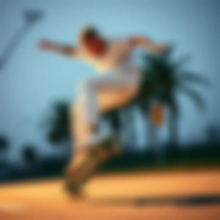 A skateboarder performing a trick while wearing Mnml white jeans, highlighting their utility.