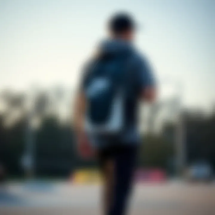 Skateboarder carrying a Nike backpack on a skate park