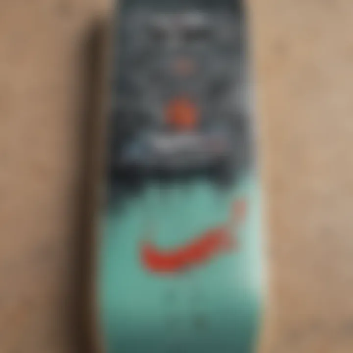 A close-up of a skateboard deck featuring unique Nike SB artwork