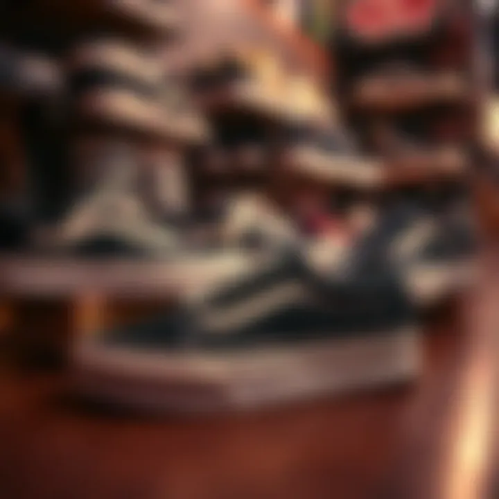 Historical display of various Vans designs, focusing on old skool platform styles.