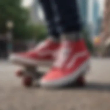 Red Vans being worn during an impressive skateboarding trick