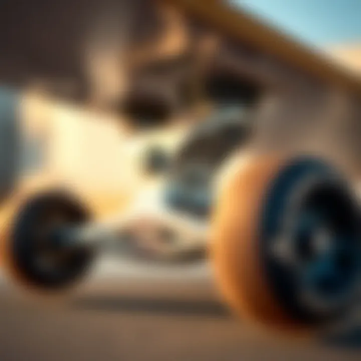 A close-up of skateboard wheels and trucks highlighting craftsmanship and durability.