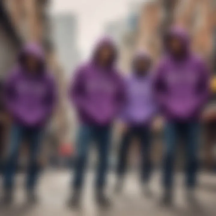 A group of skaters showcasing their unique styles with purple flannel hoodies.