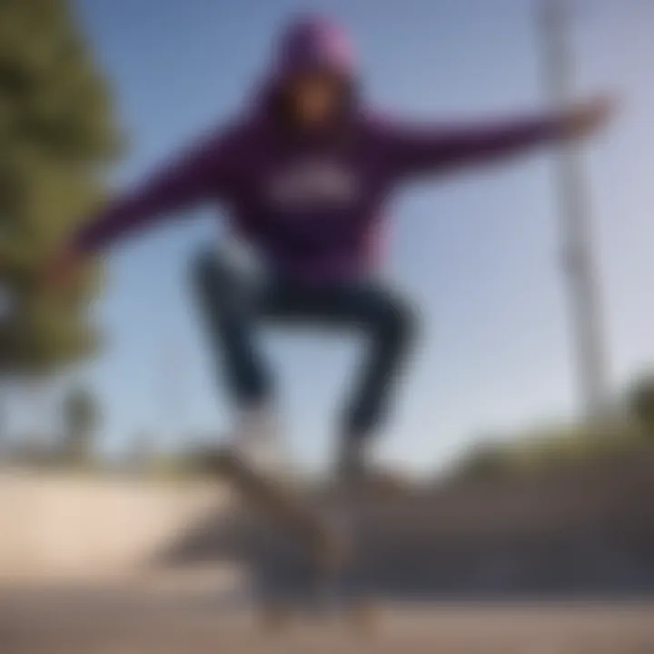 A skateboarder performing a trick while wearing a purple flannel hoodie.