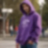 Stylish purple flannel hoodie worn during a skate session.