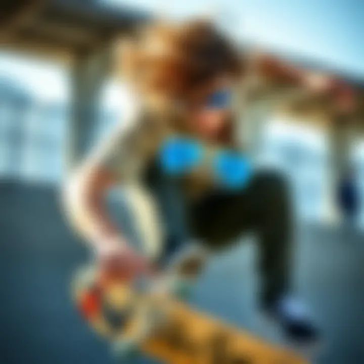 An athlete wearing Ray-Ban RB4165 Blue sunglasses during a skateboarding trick