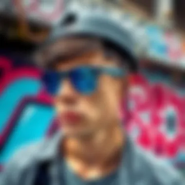 Ray-Ban RB4165 Blue sunglasses against a backdrop of urban graffiti
