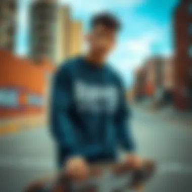 Skateboarder wearing a Russell Athletics crewneck in an urban setting