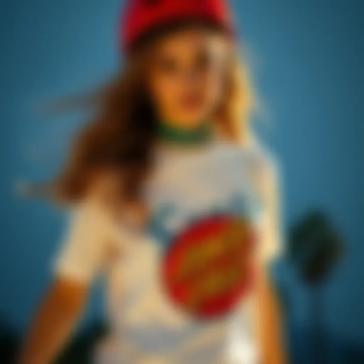 A stylish female skateboarder wearing a Santa Cruz t-shirt, embodying the skate culture.