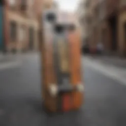 An artistic display of a skateboard-themed iPhone case on a textured surface