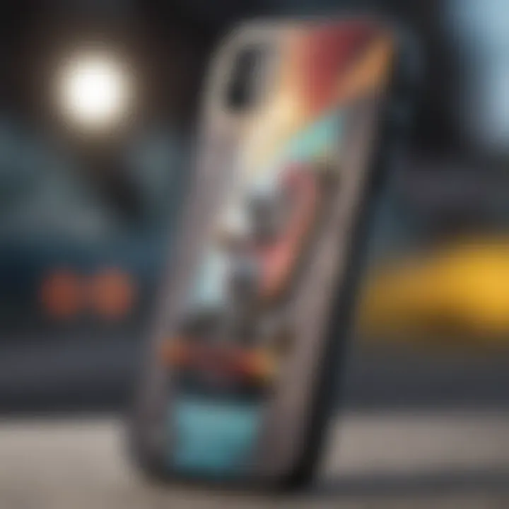 Close-up view of a durable iPhone case showcasing vibrant skateboard graphics