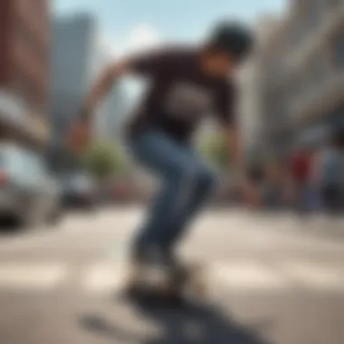 Skateboarder with Stylish iPhone Case in Urban Setting A skateboarder using an iPhone with a stylish case in an urban setting
