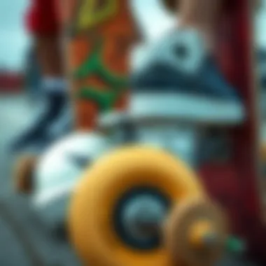A close-up of unique skateboarding styles and boards