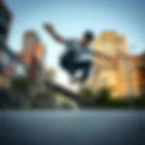 A skateboarder performing a trick in urban surroundings