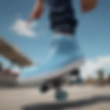 Skateboarder wearing sky blue Nikes performing a trick