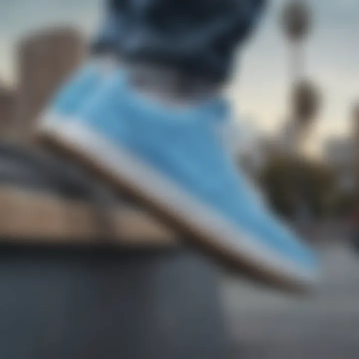 Sky blue Nike sneakers showcased on urban skateboard park