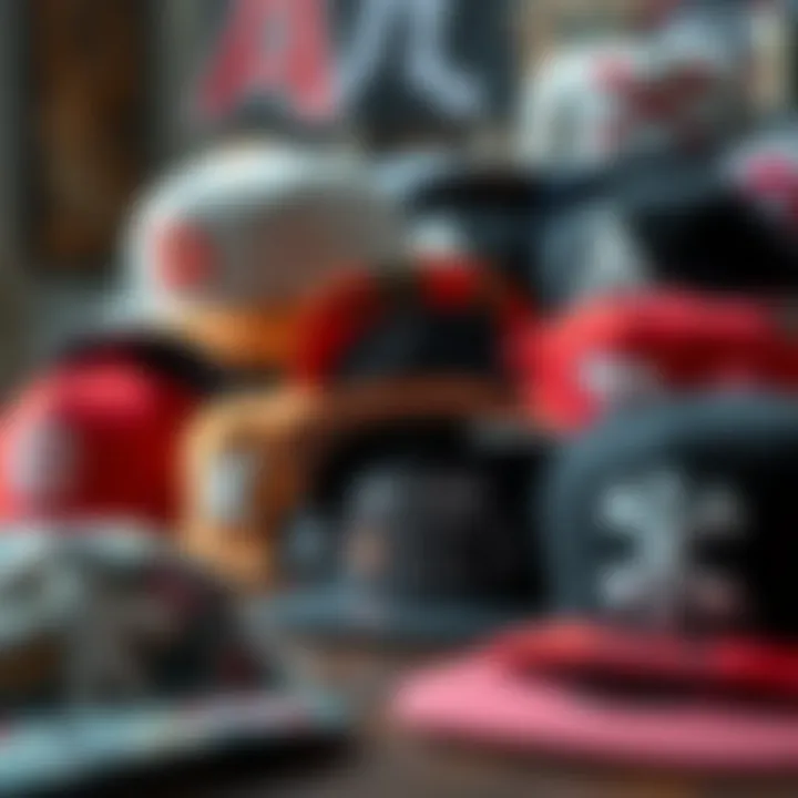 An assortment of snapback hats arranged creatively to highlight their cultural significance