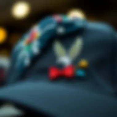 A close-up view of a snapback hat featuring unique embroidery