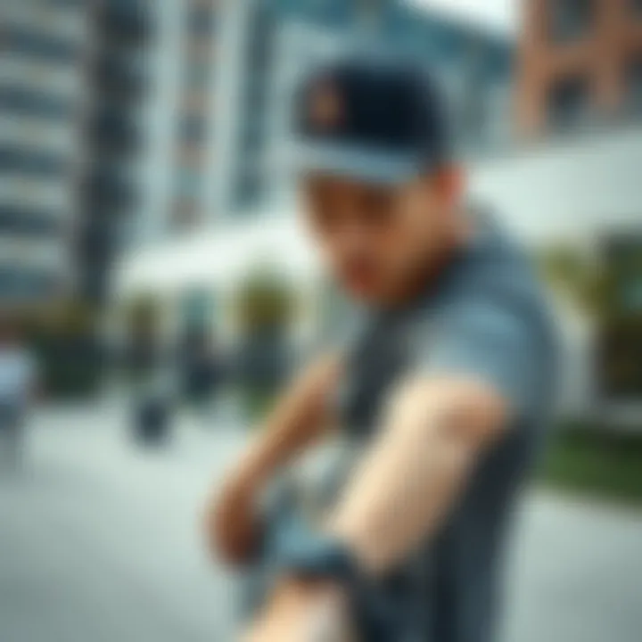 A skateboarder wearing a trendy snapback hat in an urban setting