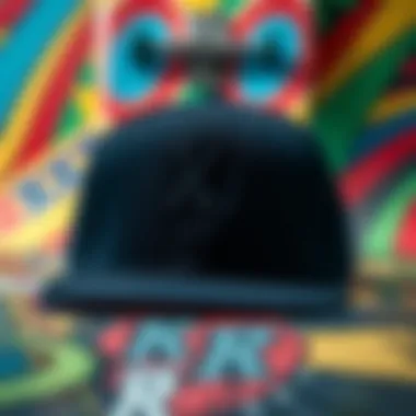 A stylish snapback hat displayed against a vibrant skateboard background