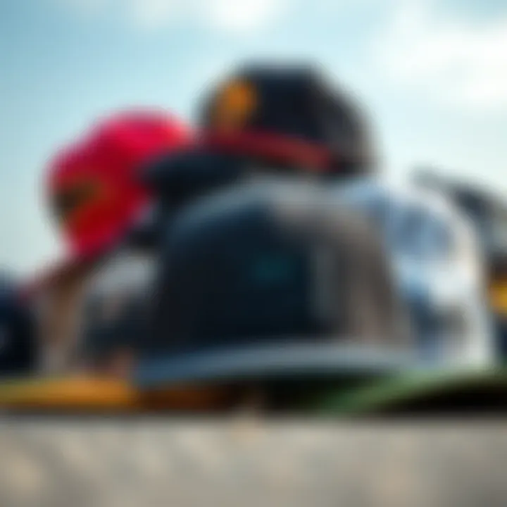 Various designs of snapback hats showcasing different styles and colors