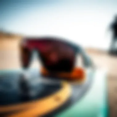 Close-up of Spy Happy Lens polarized sunglasses resting on a skateboard deck