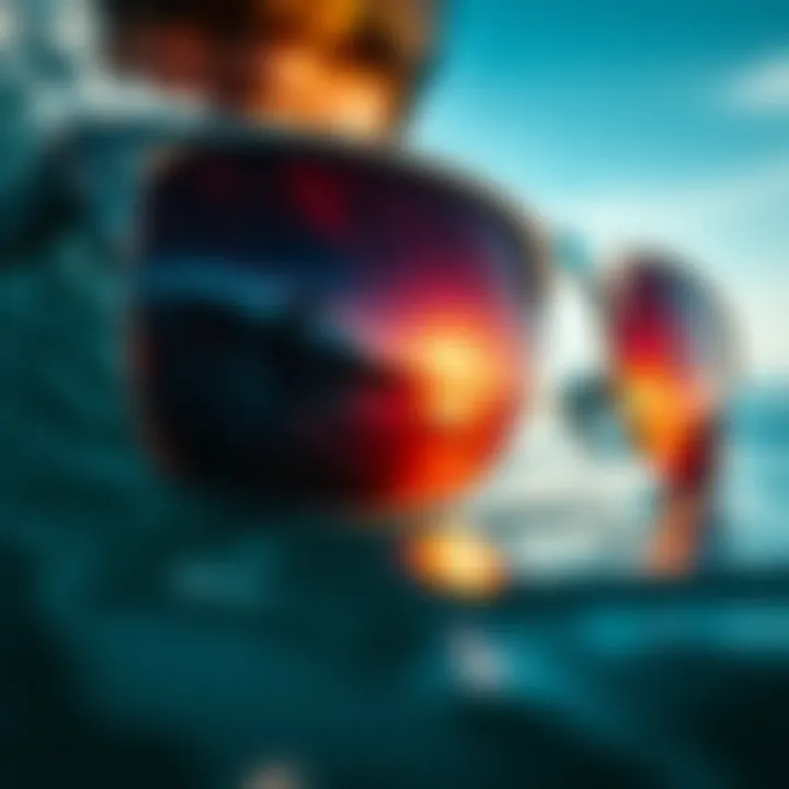 Close-up of polarized surfer sunglasses reflecting ocean waves