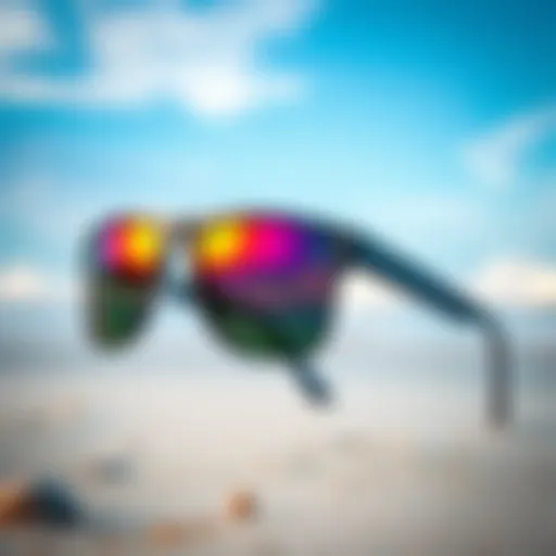 Stylish surfer sunglasses displayed on a beach backdrop