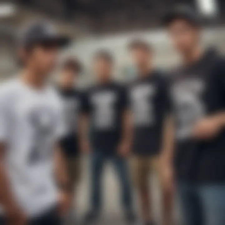 A group of skateboarders wearing unique t-shirts that represent their style