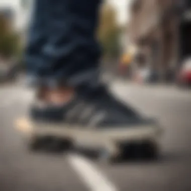 Adidas skateboarding shoes on a skateboard