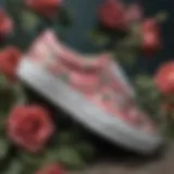 A close-up of rose printed Vans showcasing intricate floral designs.