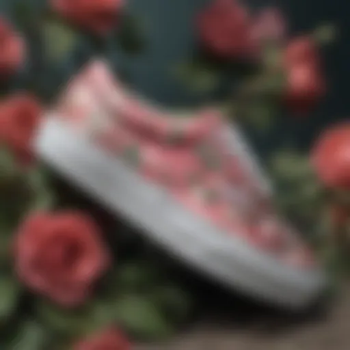 A close-up of rose printed Vans showcasing intricate floral designs.