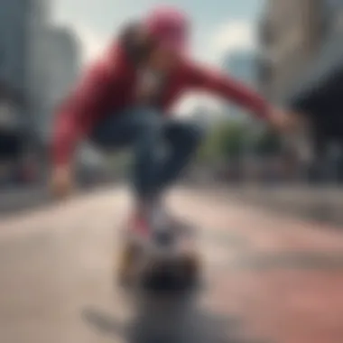 A skateboarder wearing rose printed Vans in an urban skate park.