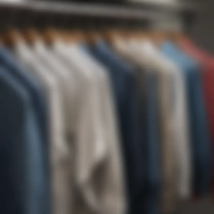 An array of different two-tone split shirts displayed on hangers, illustrating the variety of styles available