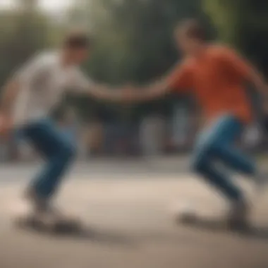 A group of friends engaging in a skateboarding session while wearing two-tone split shirts, emphasizing their cultural relevance