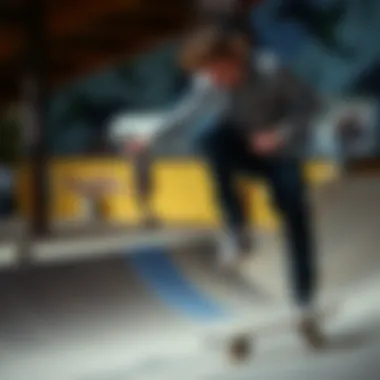A skateboarder wearing a black and white check flannel top performing a trick in a skate park.