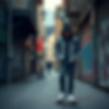 An artistic street scene featuring graffiti and a figure dressed in black and white check flannel.