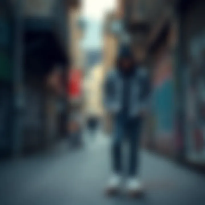 An artistic street scene featuring graffiti and a figure dressed in black and white check flannel.