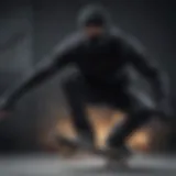 A skateboarder wearing an all black balaclava during a trick