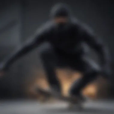 A skateboarder wearing an all black balaclava during a trick