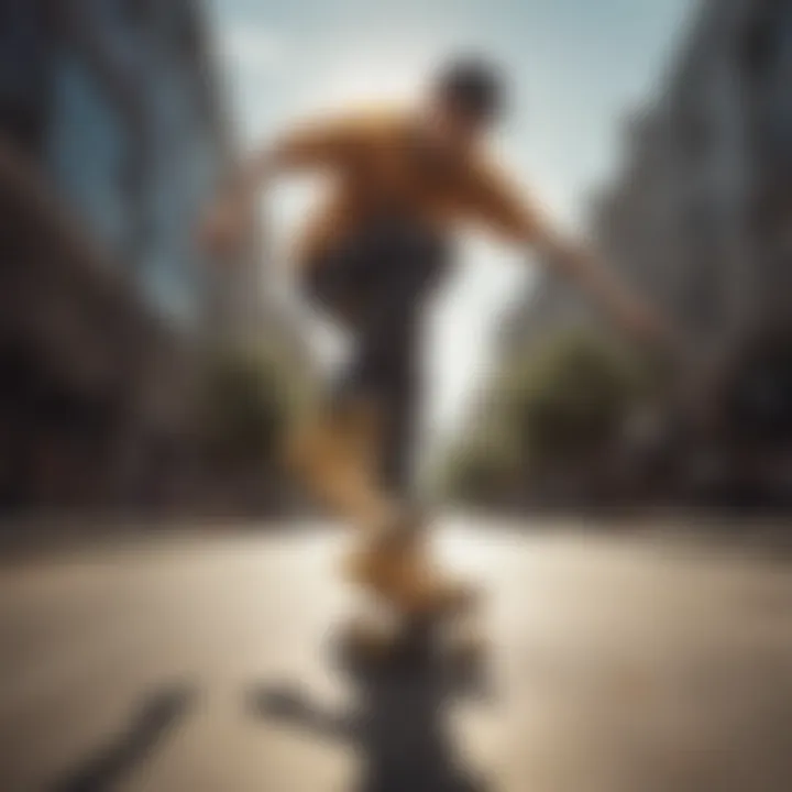 Skateboarder performing tricks while wearing Nike Golden Shoes in an urban setting.